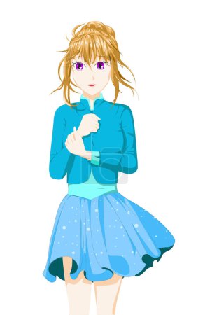 Téléchargez les photos : Anime fille aux cheveux bruns attachés à l'aide d'une jupe bleue et une veste - en image libre de droit