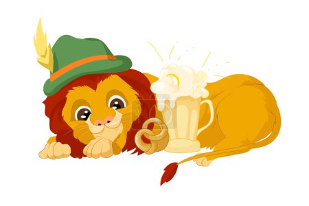 Téléchargez les photos : Lion à l'aide d'un chapeau avec bière et biscuit, thème oktoberfest, dessin animé animal design - en image libre de droit