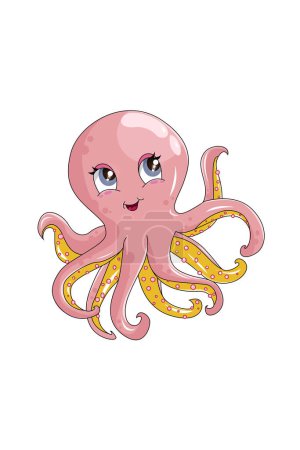 Téléchargez les photos : Une belle et mignonne pieuvre rose jaune, illustration vectorielle dessin animé animal design - en image libre de droit