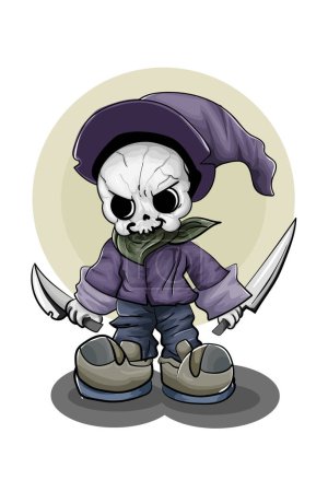 Foto de Un pequeño cráneo con sombrero púrpura y zapatos con dos espadas - Imagen libre de derechos