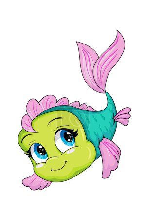 Téléchargez les photos : Un petit beau poisson rose vert aux yeux bleus, dessin animé animal dessin animé vectoriel illustration - en image libre de droit