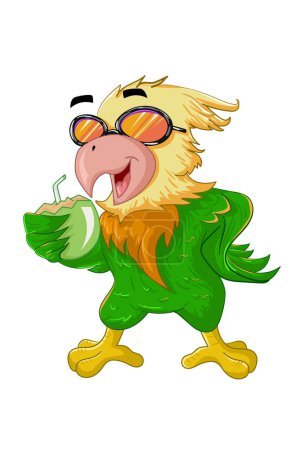 Téléchargez les photos : Un oiseau vert jaune portant des lunettes et apporter la boisson à la noix de coco en été - en image libre de droit
