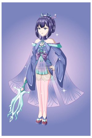 Ein schönes Anime-Mädchen lila Haare mit blau lila Kostüm bringen das Schwert