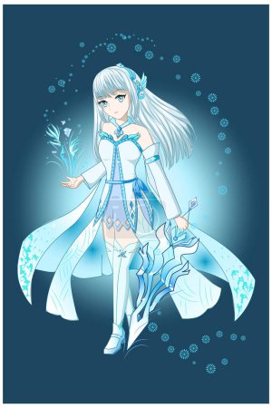 Illustration for Anime girl white brown with white blue costume bring the sword - Royalty Free Image