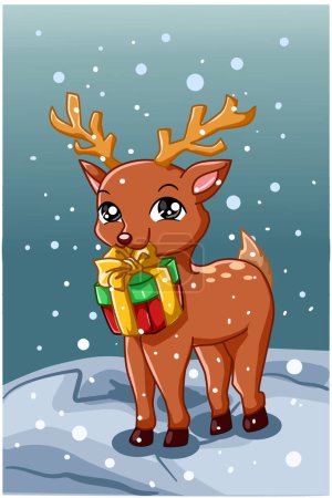 Illustration for A small and cute deer carrying Christmas gift in the winter - Royalty Free Image