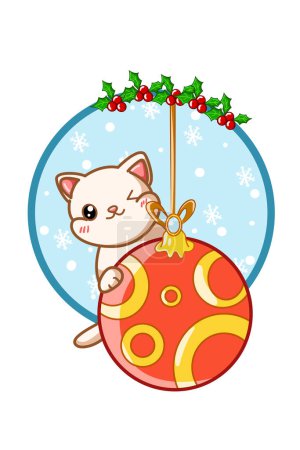 Foto de Un lindo gato en la bola de Navidad con hojas de acebo - Imagen libre de derechos