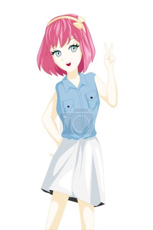 Téléchargez les photos : Anime fille cheveux roses avec deux doigt fille été - en image libre de droit