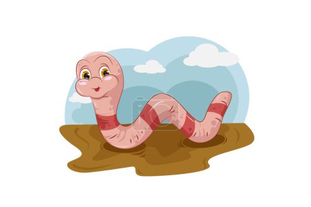 Un lindo gusano rosa en el lodo con el cielo y el fondo de nubes, ilustración de vectores de dibujos animados de animales de diseño