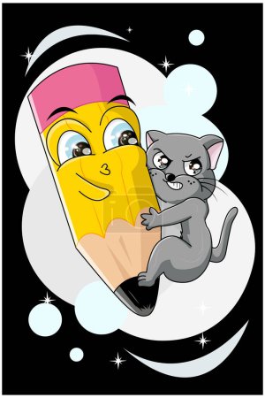 Illustration for A little angry gray cat and cute yellow pencil blue eyed with him, design cartoon vector illustration - Royalty Free Image
