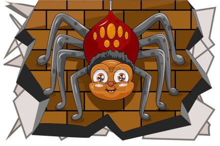 Téléchargez les illustrations : Une araignée mâle mignon accroché sur le mur, dessin animal dessin animé illustration vectorielle - en licence libre de droit
