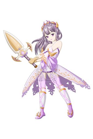 Anime girl purple hair wearing yellow purple costume and bring the sword