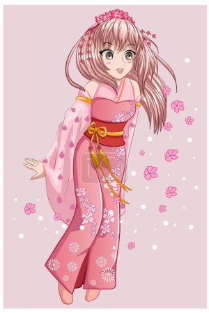 Téléchargez les photos : Une belle fille rose aux cheveux longs anime japonais portant un kimono rose avec des fleurs de cerisier - en image libre de droit