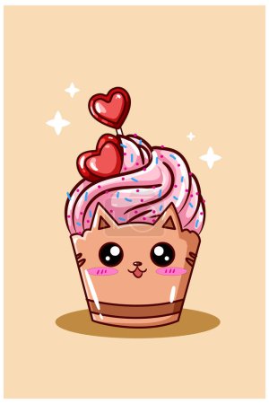 Téléchargez les illustrations : Un mignon cupcake chat rose crème glacée avec bonbons amour - en licence libre de droit