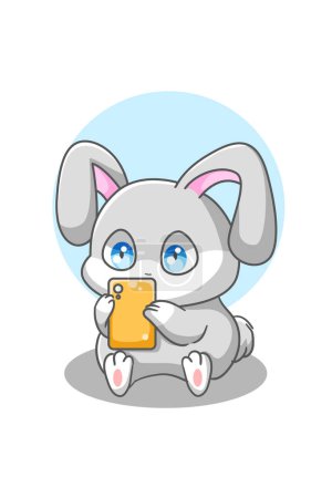 Téléchargez les photos : Mignon lapin gris jouant le téléphone de la main - en image libre de droit