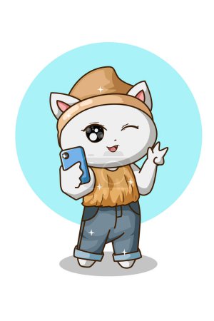 Téléchargez les photos : Mignon chat blanc faisant illustration vectorielle selfie - en image libre de droit