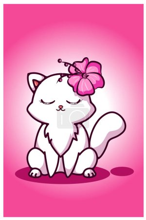 Téléchargez les illustrations : Un joli chat blanc avec des fleurs dans l'oreille - en licence libre de droit
