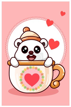 Téléchargez les photos : Kawaii ours polaire portant bonnet chapeau dans la tasse en illustration de dessin animé de la Saint-Valentin - en image libre de droit