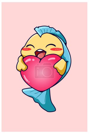 Illustration for Kawaii and funny baby fish hugging a big heart valentine cartoon illustration - Royalty Free Image