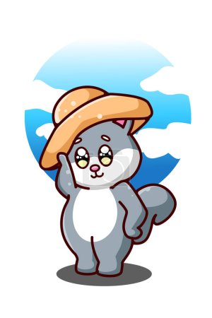 Téléchargez les photos : Un chat mignon avec chapeau d'été illustration de dessin animé - en image libre de droit