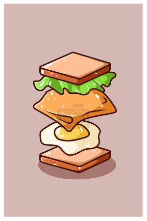 Téléchargez les photos : Flying sandwich pain ingrédients dessin animé illustration - en image libre de droit