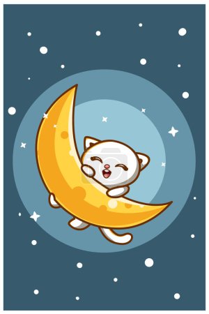 Foto de Lindo gato con luna en la ilustración de dibujos animados de animales nocturnos - Imagen libre de derechos