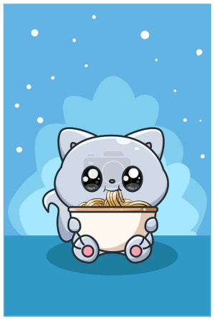 Téléchargez les illustrations : Mignon et heureux chat manger nouilles animal dessin animé illustration - en licence libre de droit