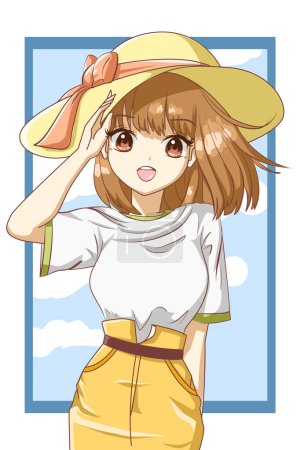 Illustration for Cute and beautiful girl brown hair with yellow hat in the summer character cartoon illustration - Royalty Free Image