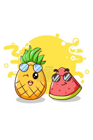 Téléchargez les photos : Joyeux et mignon pastèque et ananas dans l'illustration de dessin animé d'été - en image libre de droit