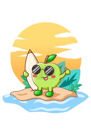 Illustration for Happy and cute apple in beach in the summer cartoon illustration - Royalty Free Image