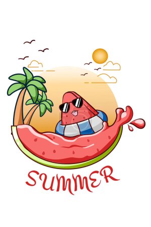 Téléchargez les photos : Joyeux et mignon pastèque dans l'illustration de dessin animé d'été - en image libre de droit
