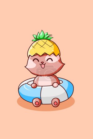Téléchargez les illustrations : Heureux chat avec chapeau d'ananas en illustration de dessin animé vacances d'été - en licence libre de droit
