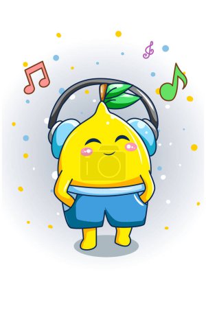 Téléchargez les illustrations : Mignon citron écoute musique conception dessin animé illustration - en licence libre de droit