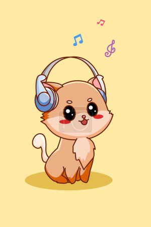Foto de Lindo gato escuchando música con iconos de auriculares ilustración de dibujos animados - Imagen libre de derechos