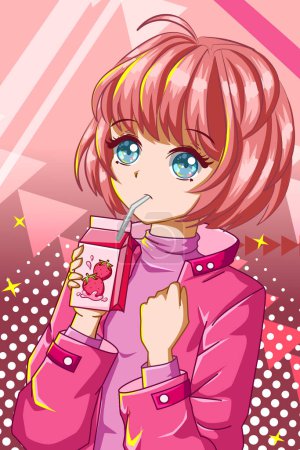 Illustration for Beautiful and cute girl with strawberry milk character cartoon illustration - Royalty Free Image