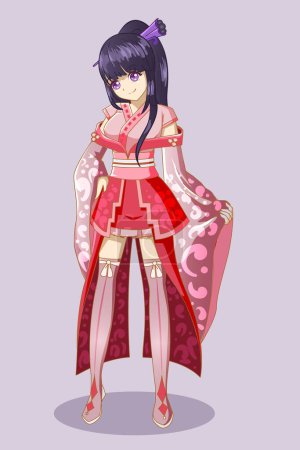 Illustration for A beautiful girl with dress kimono design character game illustration - Royalty Free Image