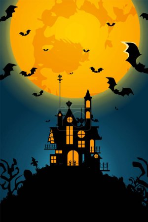 Téléchargez les photos : Château dessiné à la main avec chauve-souris et lune à Halloween nuit - en image libre de droit