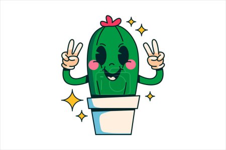 Illustration for Cute Cactus Retro Sticker Design - Royalty Free Image