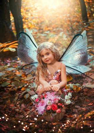 Portrait fantasie kleine fee, pixie wings kreative kostüm hält korb mit blumen strauß in händen. Kind glücklicher Engel Schmetterling lächelndes Gesicht, Elfenprinzessin. Magisch leichte Herbstbäume. Rosa Kleid.