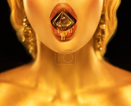 Photo for Portrait closeup Beauty fantasy woman sexy mouth hold diamond liquid gold drops drip on lips face in golden paint shiny skin. Luxury glamour Fashion model girl metallic makeup jewellery. Art photo. - Royalty Free Image