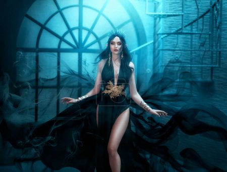 Fairy woman elf queen in black fantasy sexy dress, dark magic smoke flutter waving flowing around witch. Black long hair fly in wind. Princess girl sharp ears, gothic crown. Background old style room