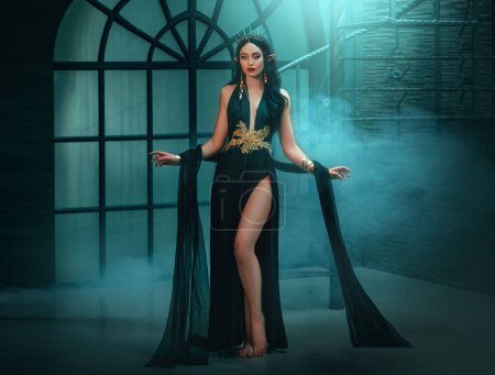 Art photo real people fairy tale woman elf queen in black fantasy sexy dress, dark evil witch. Black long hair Princess girl sharp ears gothic golden crown on head. Studio castle old style room window