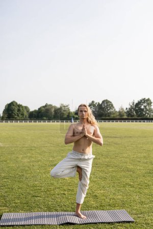full length of shirtless man in linen pants standing in tree pose with anjali mudra gesture while practicing yoga in green field