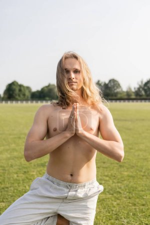 Photo for Long haired and shirtless man in linen pants meditating in tree pose with praying hands on green lawn outdoors - Royalty Free Image