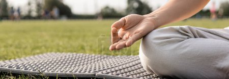 Foto de Vista recortada del hombre de yoga meditando y mostrando gyan mudra gesto en estera de yoga y hierba verde al aire libre, pancarta - Imagen libre de derechos