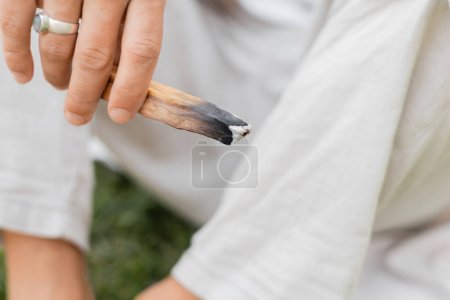 partial view of man with silver ring on finger holding smoldering palo santo stick 