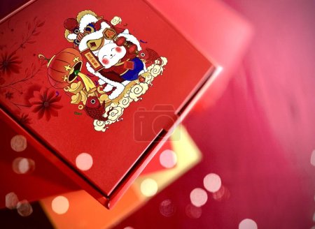 Photo for The auspicious Red gift box for Chinese New Year celebrations displayed with the red copy space for banner. Abstract and background concept. - Royalty Free Image