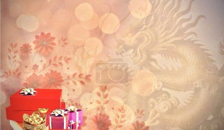 Photo for The auspicious Red gift box for Chinese New Year celebrations displayed with the golden dragon on the copy space for banner. Abstract and background concept. - Royalty Free Image