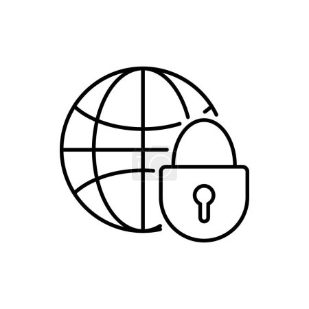 Earth globe and lock website icon. blocking line Black pictogram isolated on white blocking line background