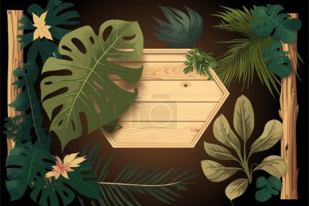 Foto de Game wooden boards and branches liana and tropical leaves old paper, rope, decorated. - Imagen libre de derechos