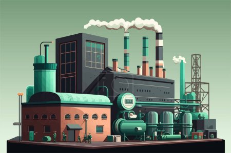 Illustration for Industrial factory and plant buildings isolated on green background. - Royalty Free Image